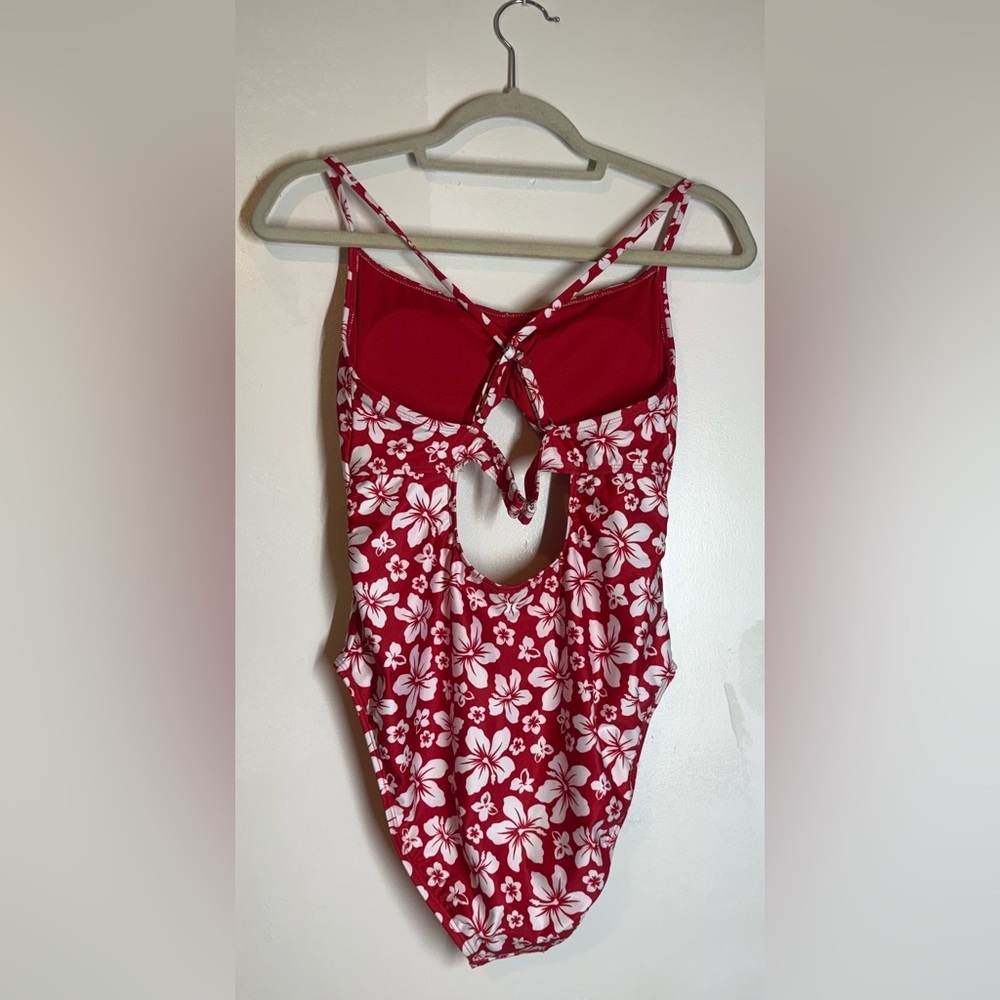 Hurley red and white floral patterned cut-out one-piece swimsuit. - Picture 2 of 4